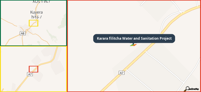 Map showing the address of Karara filitcha Water and Sanitation Project in three different zoom levels.