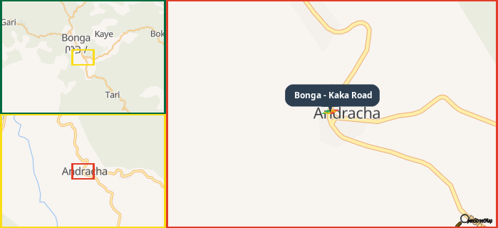 Map showing the address of Bonga - Kaka Road in three different zoom levels.