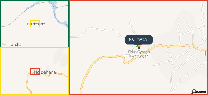 Map showing the address of ቅዱስ ጊዮርጊስ in three different zoom levels.