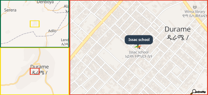 Map showing the address of Issac school in three different zoom levels.