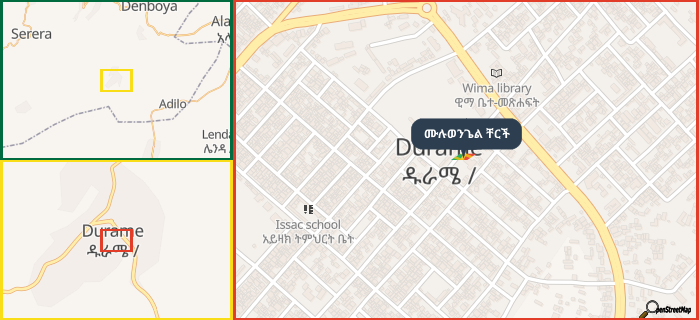 Map showing the address of ሙሉወንጌል ቸርች in three different zoom levels.