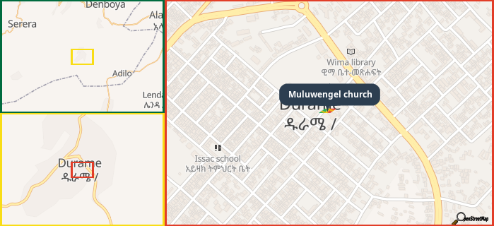 Map showing the address of Muluwengel church in three different zoom levels.