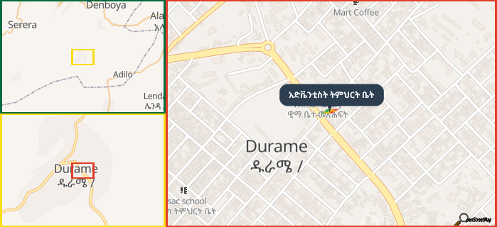 Map showing the address of አድቬንቲስት ትምህርት ቤት in three different zoom levels.