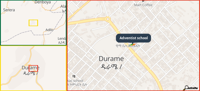 Map showing the address of Adventist school in three different zoom levels.