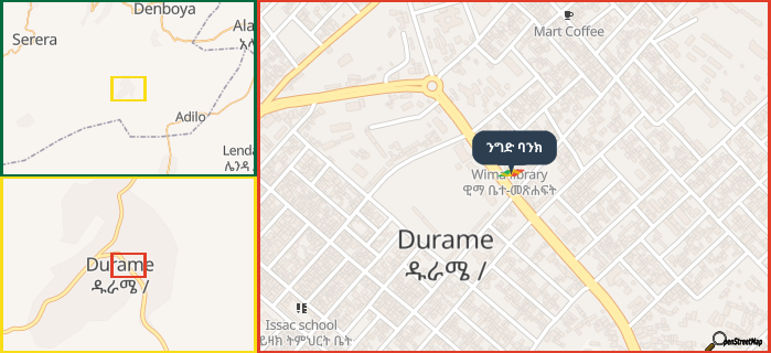 Map showing the address of ንግድ ባንክ in three different zoom levels.