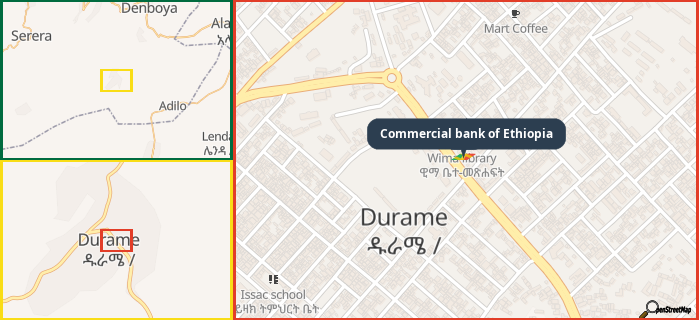 Map showing the address of Commercial bank of Ethiopia in three different zoom levels.