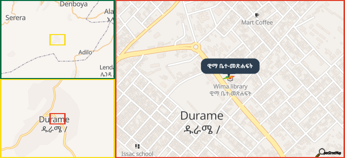 Map showing the address of ዊማ ቤተ-መጽሐፍት in three different zoom levels.