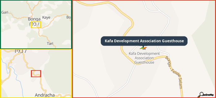 Map showing the address of Kafa Development Association Guesthouse in three different zoom levels.