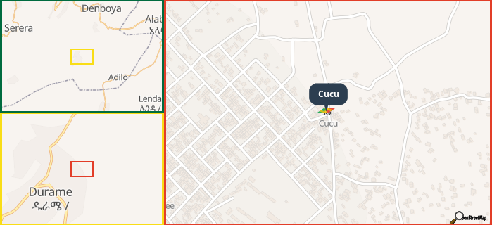 Map showing the address of Cucu in three different zoom levels.