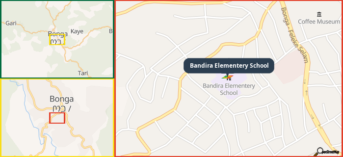 Map showing the address of Bandira Elementery School in three different zoom levels.