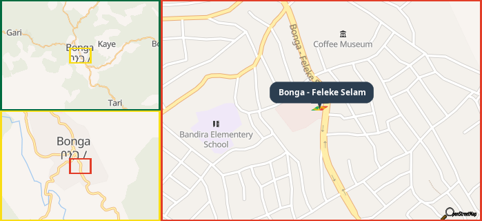 Map showing the address of Bonga - Feleke Selam in three different zoom levels.