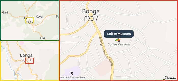 Map showing the address of Coffee Museum in three different zoom levels.
