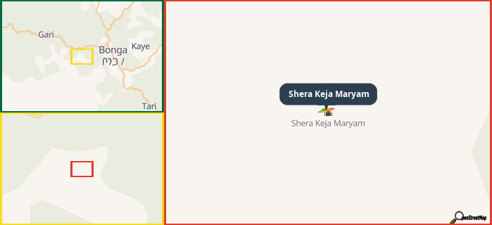 Map showing the address of Shera Keja Maryam in three different zoom levels.