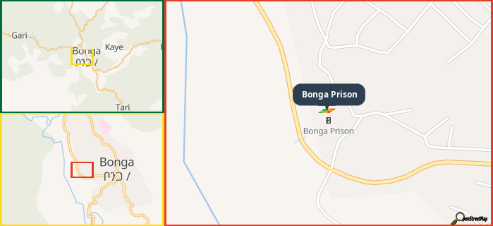 Map showing the address of Bonga Prison in three different zoom levels.