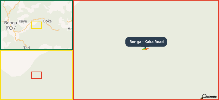 Map showing the address of Bonga - Kaka Road in three different zoom levels.