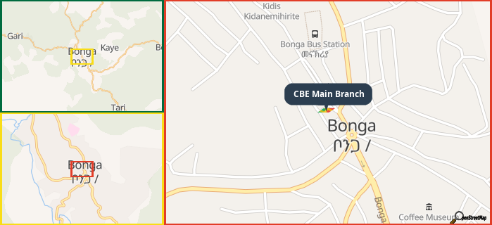 Map showing the address of CBE Main Branch in three different zoom levels.