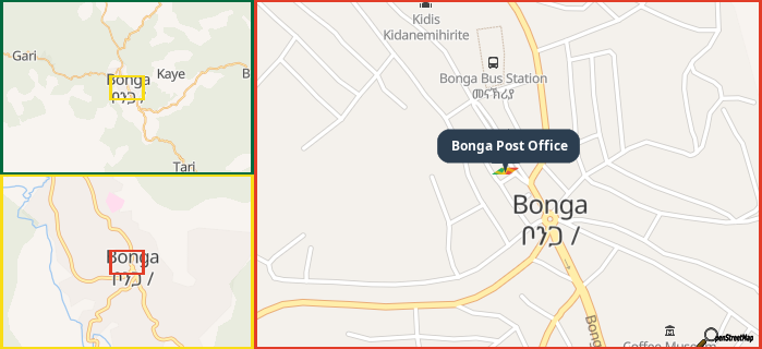 Map showing the address of Bonga Post Office in three different zoom levels.