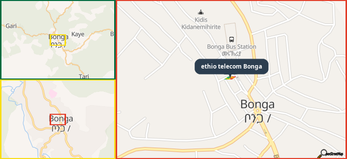 Map showing the address of ethio telecom Bonga in three different zoom levels.