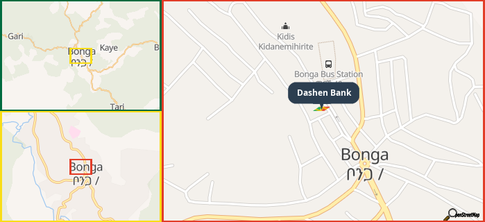 Map showing the address of Dashen Bank in three different zoom levels.