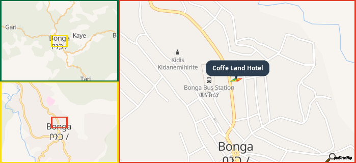 Map showing the address of Coffe Land Hotel in three different zoom levels.