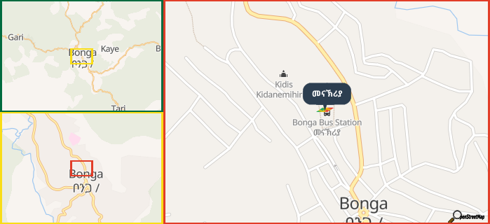 Map showing the address of መናኽሪያ in three different zoom levels.