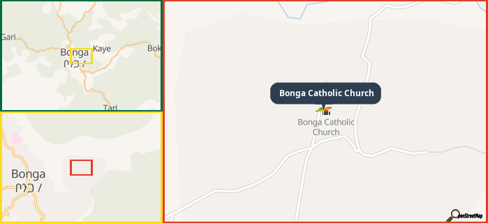 Map showing the address of Bonga Catholic Church in three different zoom levels.