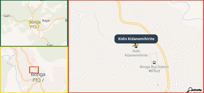 Map showing the address of Kidis Kidanemihirite in three different zoom levels.