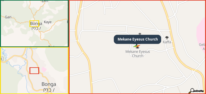 Map showing the address of Mekane Eyesus Church in three different zoom levels.