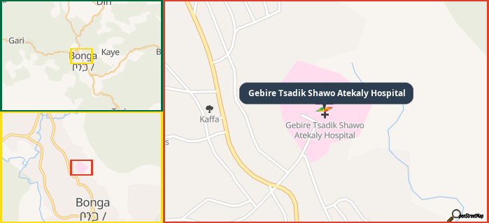 Map showing the address of Gebire Tsadik Shawo Atekaly Hospital in three different zoom levels.