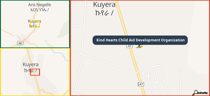 Map showing the address of Kind Hearts Child Aid Development Organization in three different zoom levels.