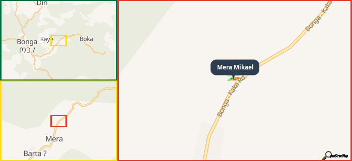 Map showing the address of Mera Mikael in three different zoom levels.