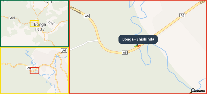 Map showing the address of Bonga - Shishinda in three different zoom levels.