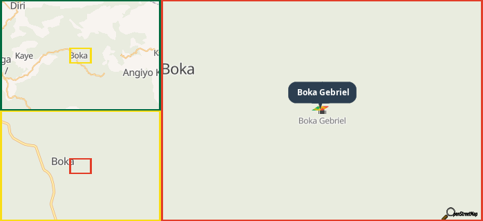 Map showing the address of Boka Gebriel in three different zoom levels.