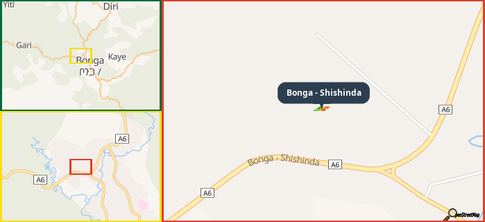 Map showing the address of Bonga - Shishinda in three different zoom levels.
