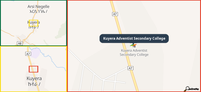 Map showing the address of Kuyera Adventist Secondary College in three different zoom levels.