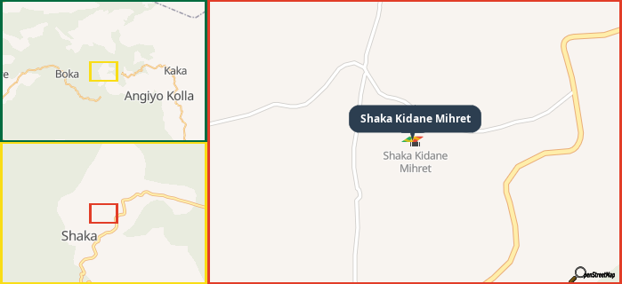 Map showing the address of Shaka Kidane Mihret in three different zoom levels.