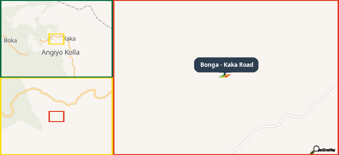 Map showing the address of Bonga - Kaka Road in three different zoom levels.