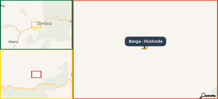 Map showing the address of Bonga - Shishinda in three different zoom levels.