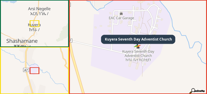 Map showing the address of Kuyera Seventh Day Adventist Church in three different zoom levels.