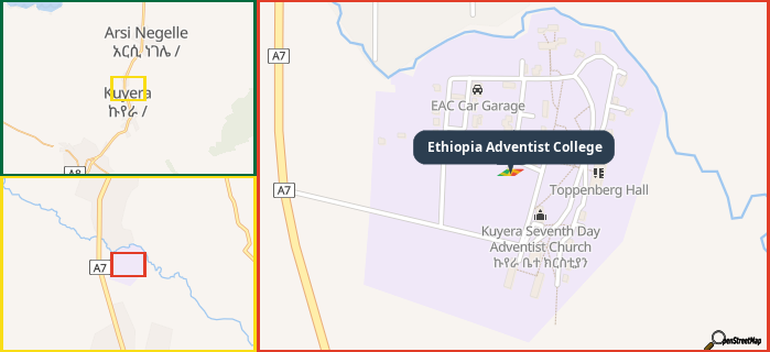 Map showing the address of Ethiopia Adventist College in three different zoom levels.