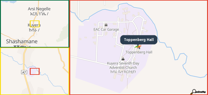 Map showing the address of Toppenberg Hall in three different zoom levels.