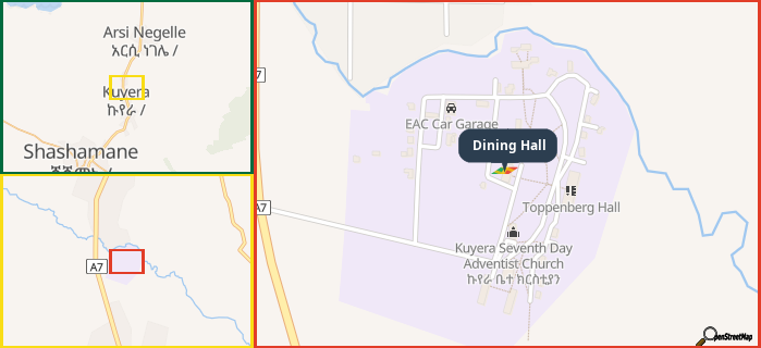 Map showing the address of Dining Hall in three different zoom levels.