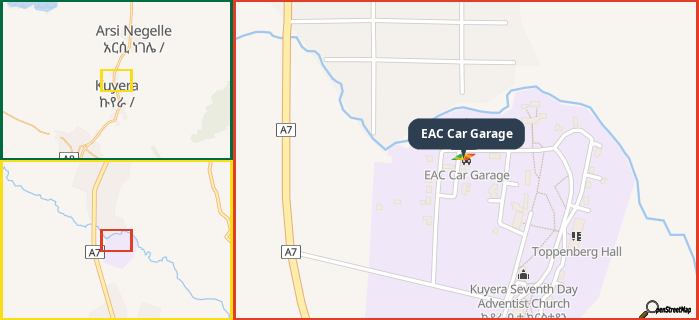 Map showing the address of EAC Car Garage in three different zoom levels.