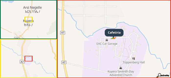 Map showing the address of Cafetiria in three different zoom levels.