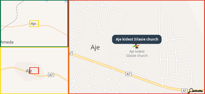 Map showing the address of Aje kidest Silasie church in three different zoom levels.