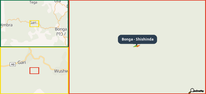Map showing the address of Bonga - Shishinda in three different zoom levels.