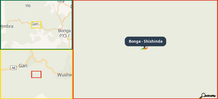 Map showing the address of Bonga - Shishinda in three different zoom levels.