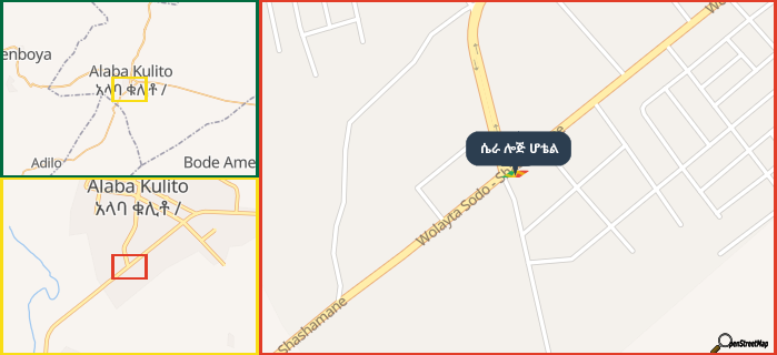 Map showing the address of ሴራ ሎጅ ሆቴል in three different zoom levels.