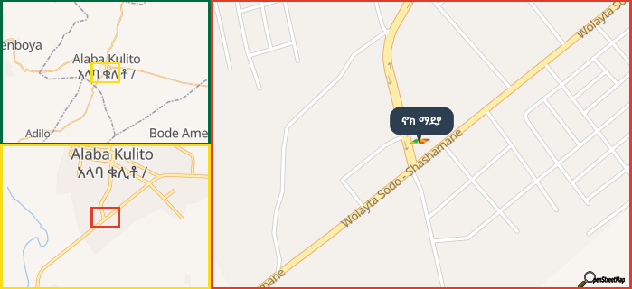 Map showing the address of ኖክ ማደያ in three different zoom levels.