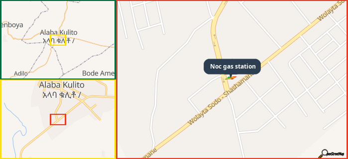 Map showing the address of Noc gas station in three different zoom levels.